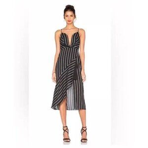 Shona Joy Isabelle Asymmetric Midi Cocktail Dress 4 Black White Stripe Mob Wife